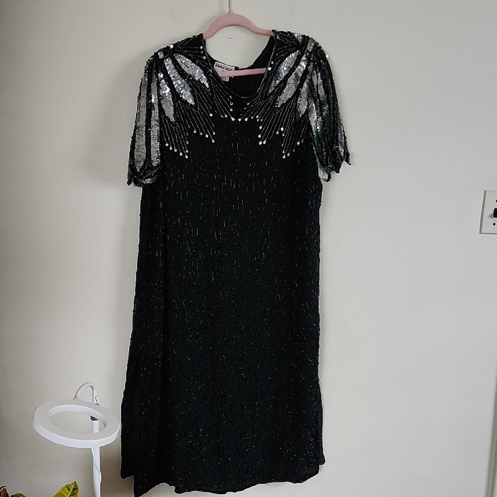 Cherish Vintage Dress 100% Pure Silk Fully Beaded And Sequin Midi Flutter Sleeve